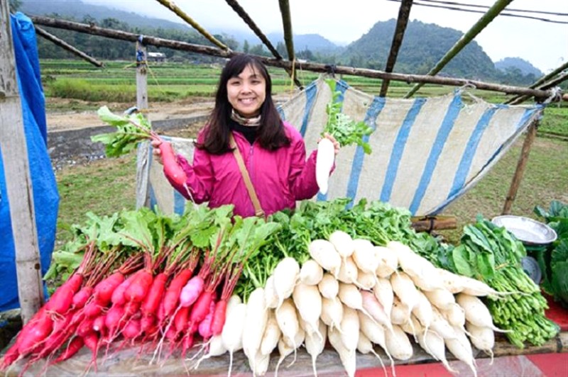 Du khách lựa chọn rau, củ, quả tươi ngon tại gian hàng nông sản.